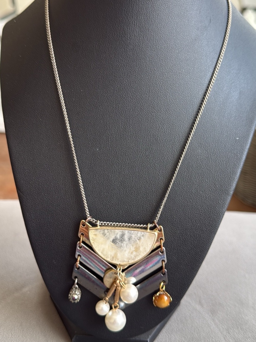 Upcycled Mixed Metal Mother-of-Pearl Pendant Necklace Pearl Drops Unique Gift